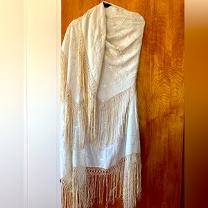 Vintage Silk Ivory Embroidered Shawl Wrap